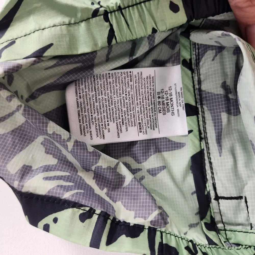 NWT Baby Gap Toddler Windbreaker Rain Jacket Hood Green Palms 12-18 M Zip Up